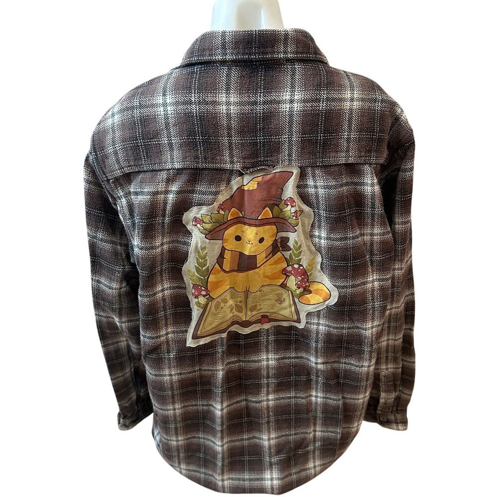 Reading Cat Plaid Flannel Shirt Shacket LARGE Oversize Witch Books Reader Unique